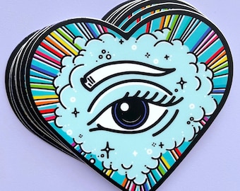 RAINBOW VISION STICKER - Heart Shaped Eye Sticker, Vintage Retro Rainbow, Colorful Queer Vinyl Sticker, Waterproof for Water Bottles