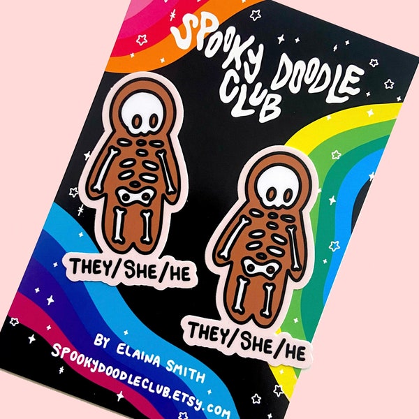THEY/SHE/HE Pronoun Sticker - Waterproof Vinyl Pronoun Skeleton Sticker, They He She Pronoun, Cute Horror Style Gender Identity Sticker