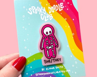 SHE/THEY Skeleton Pronoun Pin - Pink Skeleton Gender Identity Pin, Cute Goth She Her They Them Pronouns Badge, Gender Inclusivity (2 inch)