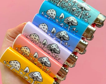MUSHROOM LIGHTER (Multiple Color Choices) - Cottagecore Aesthetic Lighter, Custom Bic Artwork, Trippy Skull & Plants Design