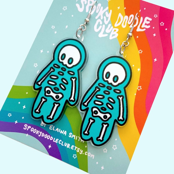 SKELETON EARRINGS - Spooky Cute Halloween Earrings, Turquoise Skeleton Acrylic Charm, Cute Horror Skull Jewelry Design (2 inch)