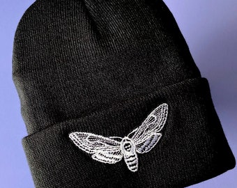 MOTH BEANIE - Embroidered Black Beanie, Spooky Halloween Hat, Death Head's Hawkmoth Bug Hat, Goth Stocking Stuffer, Spooky Horror Gift