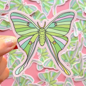 Op de afbeelding: Een sticker met een groen en roze vlinderontwerp. De vlinder heeft gedetailleerde vleugelpatronen en staat tegen een roze achtergrond, met andere vlinderstickers zichtbaar.