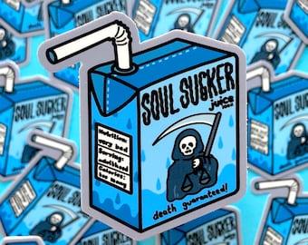 SOUL SUCKER JUICE Sticker - Halloween Juice Box Sticker, Grim Reaper Scythe, Morbid Humor, Soul Sucking Skeleton, Spooky Cute Waterproof