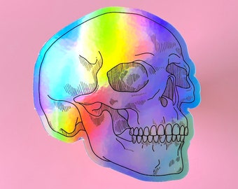 HOLOGRAPHIC SKULL STICKER - Waterproof Skeleton Bone Sticker, Rainbow Skull Halloween Decal, Vinyl Anatomy Artwork - Spooky Doodle Club