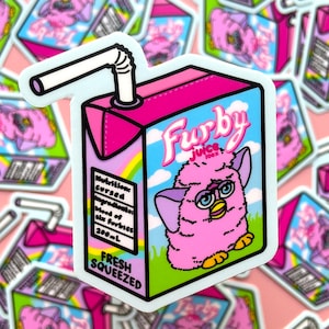 FURBY JUICE STICKER - Cursed Furby Art Juice Box Sticker, Creepy Furby Gift, Cute Pink Waterproof Rainbow Stationery - Spooky Doodle Club