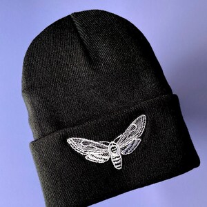 MOTH BEANIE - Embroidered Black Beanie, Spooky Halloween Hat 