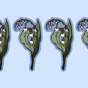May include: Four illustrations of lily of the valley flowers with white petals and green leaves. The flowers are stylized to look like teeth.