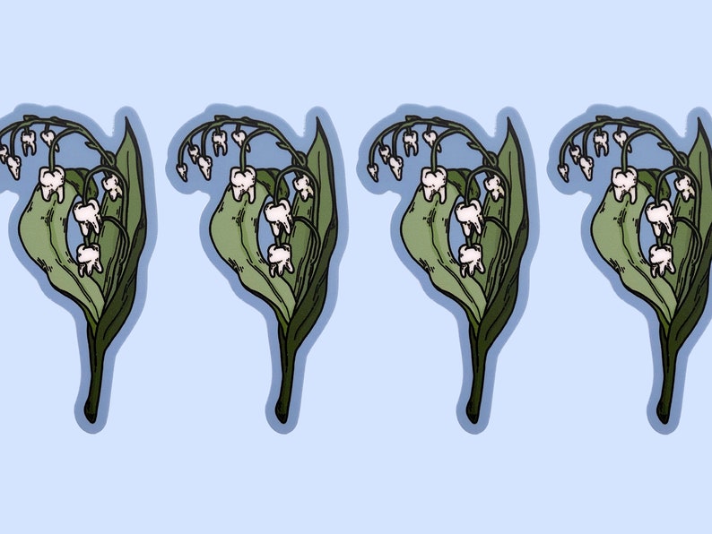 May include: Four illustrations of lily of the valley flowers with white petals and green leaves. The flowers are stylized to look like teeth.