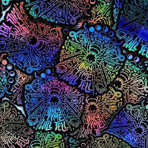May include: A collection of iridescent holographic stickers featuring a spider with the text "Only Time Will Tell". The stickers are black with rainbow holographic accents and feature a variety of other designs, including eyes, moons, and snakes.