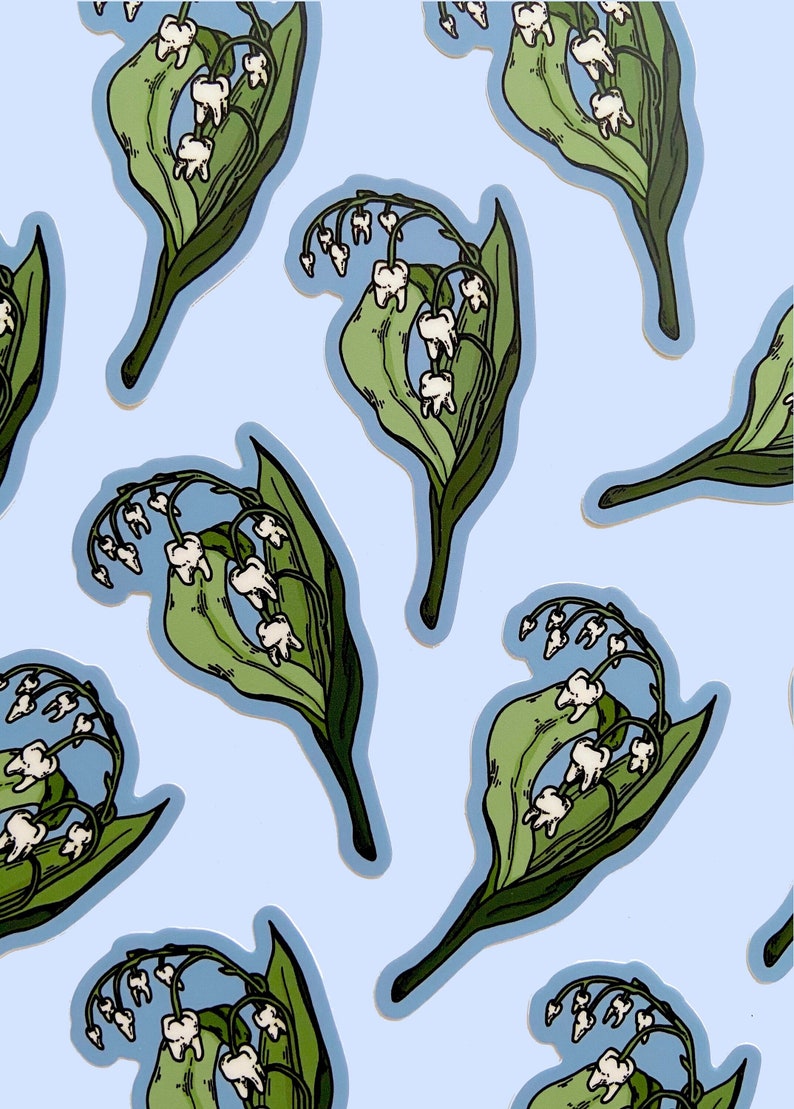 May include: A repeating pattern of white lily of the valley flowers with green leaves. The flowers are stylized to look like teeth.