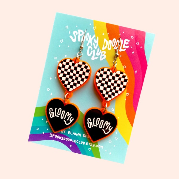 GLOOMY HEART EARRINGS - Checkered Pattern Heart Acrylic Earrings, Halloween Dangle Charms, Sad Kids Club Gloomy Style (Multi-charm)