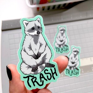 以下が含まれることがあります： アライグマのステッカーセット。メインのステッカーは、黒い「TRASH」の文字が入ったグレーと白のアライグマです。同じデザインの小さなステッカーが2つも見えます。ステッカーは薄い緑色の縁取りです。