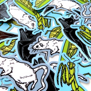 May include: A collection of stickers featuring black and white illustrations of rats, bats, and praying mantises. The stickers are outlined in blue and have a light blue background.