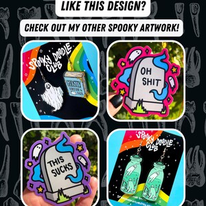 May include: Four different spooky themed enamel pins. The first pin is a ghost with a book that says "Ghostly Torture & Tales". The second pin is a tombstone with the words "Oh Shit" on it. The third pin is a tombstone with the words "This Sucks" on it. The fourth pin is a bottle with two ghosts inside.