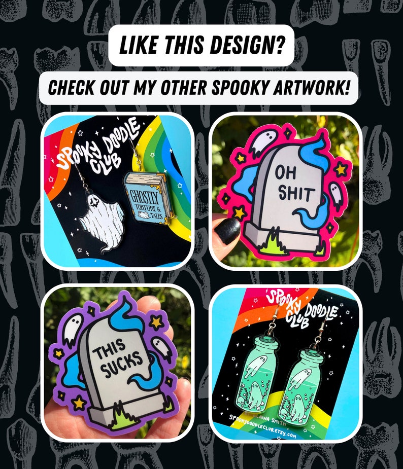 May include: Four different spooky themed enamel pins. The first pin is a ghost with a book that says "Ghostly Torture & Tales". The second pin is a tombstone with the words "Oh Shit" on it. The third pin is a tombstone with the words "This Sucks" on it. The fourth pin is a bottle with two ghosts inside.