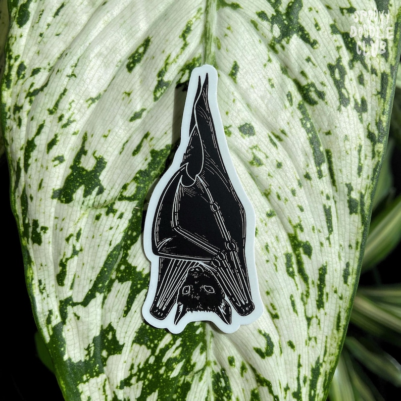 May include: Black and white sticker of a bat hanging upside down. The bat has detailed wings and a small face.