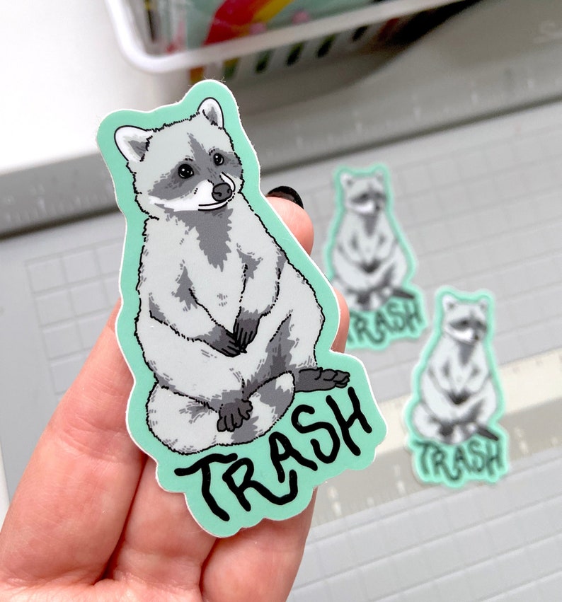 以下が含まれることがあります： 黒い文字で「TRASH」という言葉が入った、グレーと白のアライグマのステッカー。アライグマは足を組んで座っています。ステッカーは薄い緑色の縁取りです。背景には追加のステッカーが見えます。