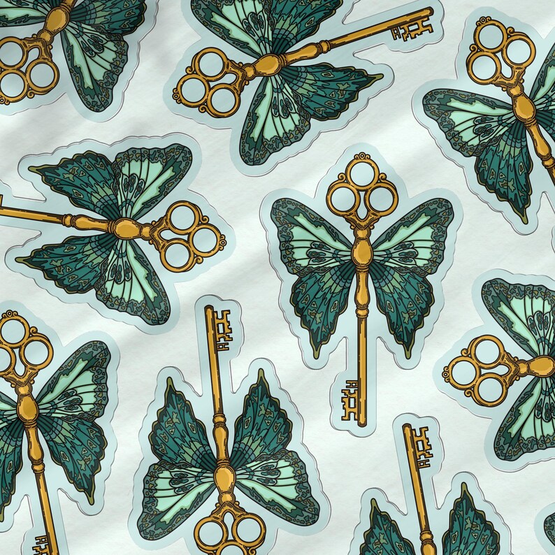 May include: A set of stickers featuring a whimsical design of a butterfly with a golden key. The butterfly has teal and green wings with intricate details. The key is ornate and has a circular design at the top.