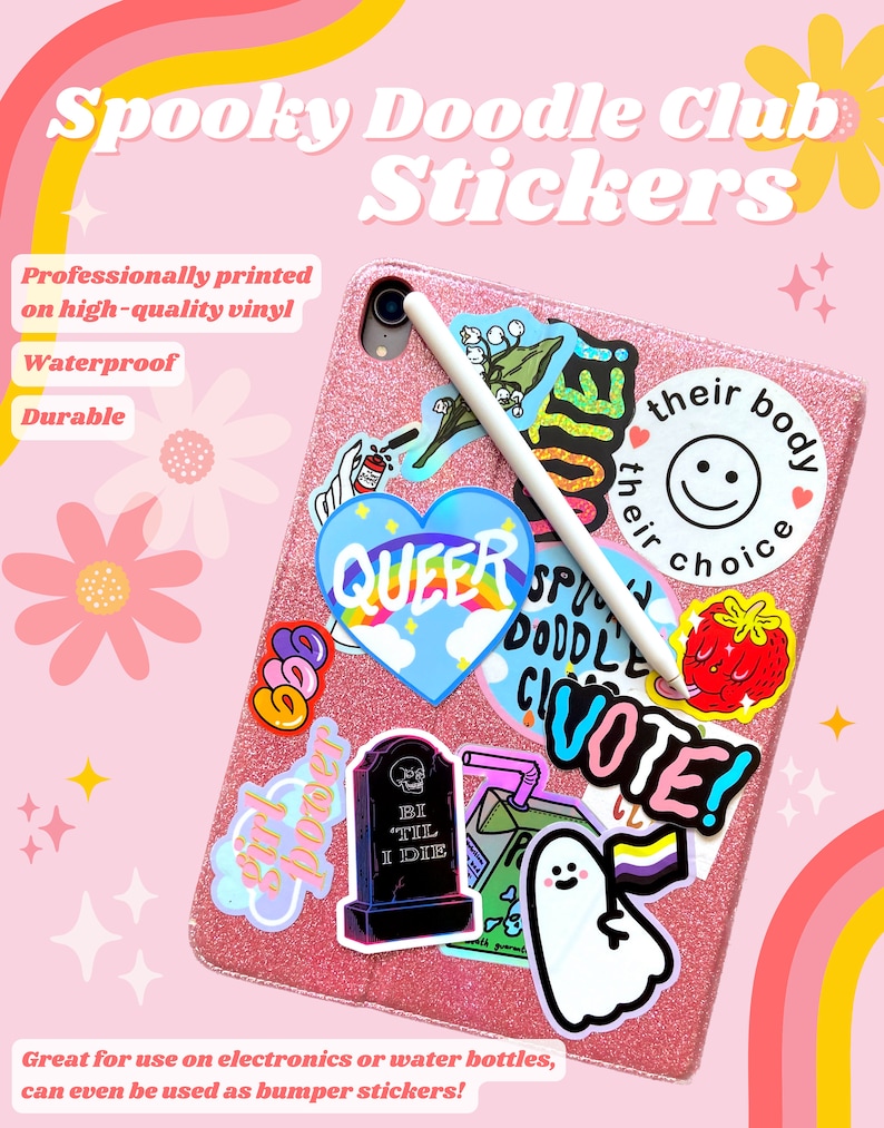 May include: A pink phone case with a variety of colorful stickers, including "Queer", "Vote!" and "Their Body Their Choice".