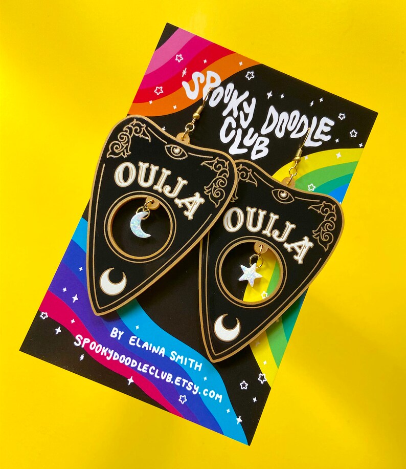OUIJA EARRINGS Spooky Doodle Club Acrylic Earrings 3 inch + Opal
