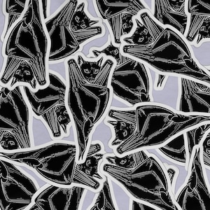 May include: A black and white illustration of a bat hanging upside down. The bat is drawn in a detailed, stylized manner, with its wings spread out and its body curled up. The image is repeated multiple times, creating a pattern.