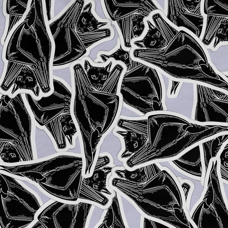 May include: A black and white illustration of a bat hanging upside down. The bat is drawn in a detailed, stylized manner, with its wings spread out and its body curled up. The image is repeated multiple times, creating a pattern.