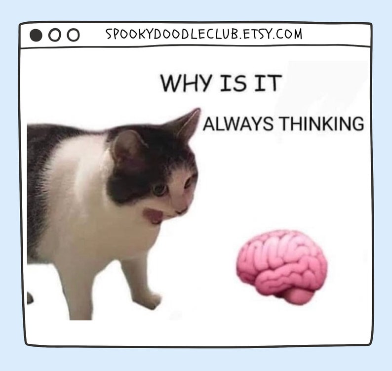 May include: A white and black cat with a surprised expression looks at a pink brain with the text "WHY IS IT ALWAYS THINKING" above the cat and brain.