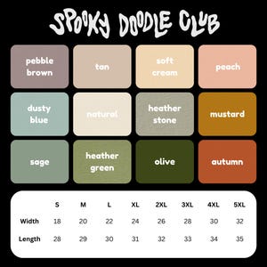 Pu&ograve; includere: Tabella delle taglie per una t-shirt con diverse opzioni di colore. I colori sono marrone ghiaia, marrone chiaro, crema morbida, pesca, blu polveroso, naturale, pietra heather, senape, salvia, verde heather, oliva e autunno. La tabella delle taglie mostra le misure di larghezza e lunghezza in pollici per le taglie S, M, L, XL, 2XL, 3XL, 4XL e 5XL.