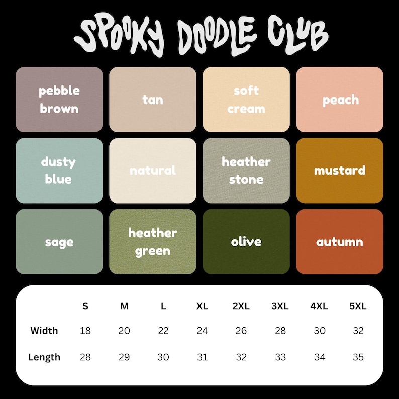 Pu&ograve; includere: Tabella delle taglie per una t-shirt con diverse opzioni di colore. I colori sono marrone ghiaia, marrone chiaro, crema morbida, pesca, blu polveroso, naturale, pietra heather, senape, salvia, verde heather, oliva e autunno. La tabella delle taglie mostra le misure di larghezza e lunghezza in pollici per le taglie S, M, L, XL, 2XL, 3XL, 4XL e 5XL.