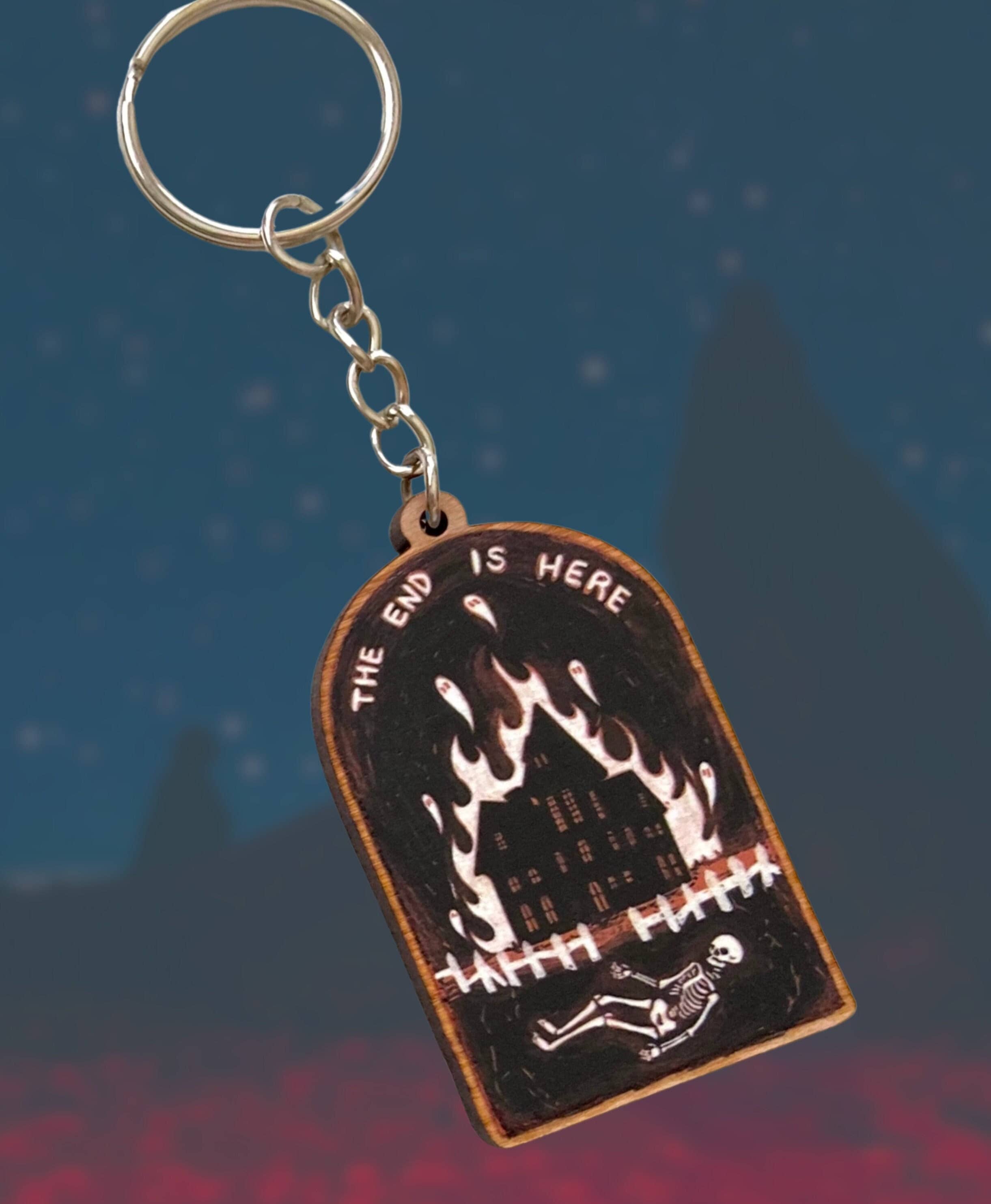 I KNOW THE END Keychain ~ Skeleton Phoebe Bridgers Punisher Album Art Wooden Ghost Keychain, Haunted House Keyring, The End is Here (2 inch)