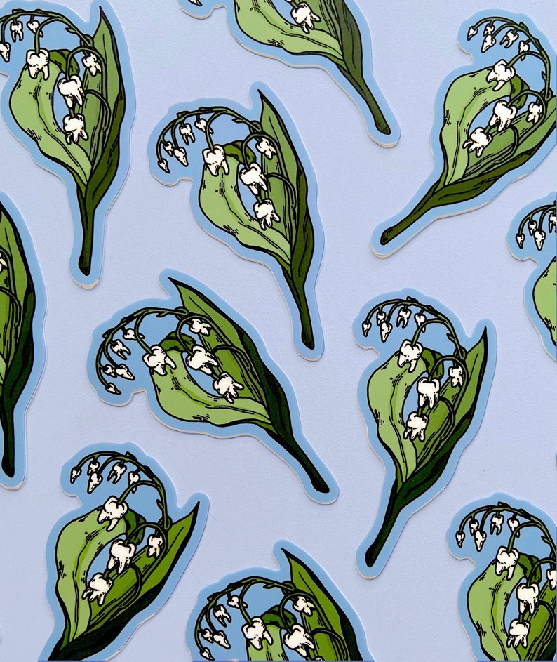 May include: A set of 10 stickers featuring a whimsical illustration of a bouquet of lily of the valley flowers with teeth. The flowers are white and the leaves are green. The stickers are printed on white paper and have a glossy finish.