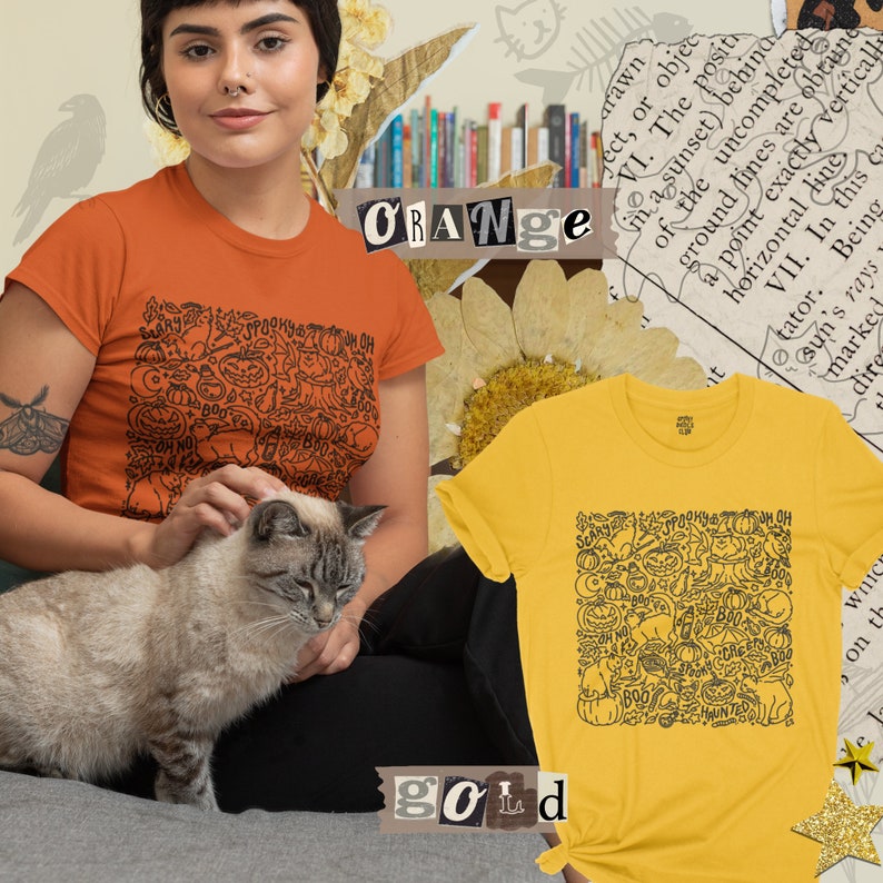 K&ouml;nnte beinhalten: Zwei T-Shirts mit einem Halloween-Motiv, das eine Vielzahl von gruseligen Figuren und Objekten zeigt. Das Shirt links ist orange und das Shirt rechts ist gelb. Der Text "OH" und "GOld" ist auf den Shirts sichtbar.