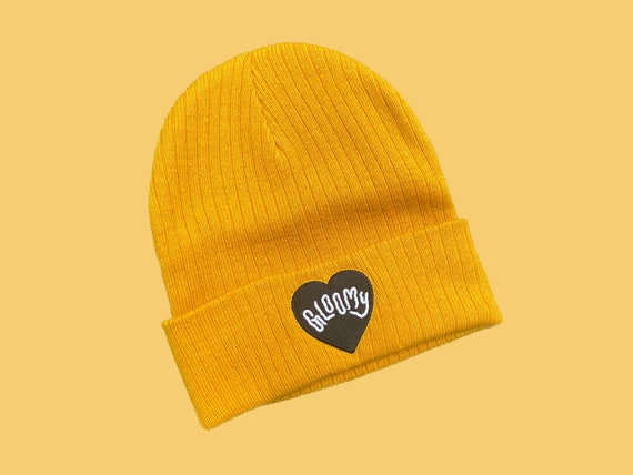 GLOOMY BEANIE - Embroidered Mustard Beanie, Gloomy Heart Sad Kid Style, Recycled Polyester Sustainable Fashion Cap, Ribbed Knitted Hat