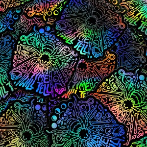 May include: A close-up of several iridescent holographic stickers featuring a spider with the text "Only Time Will Tell". The stickers are black with rainbow holographic foil.
