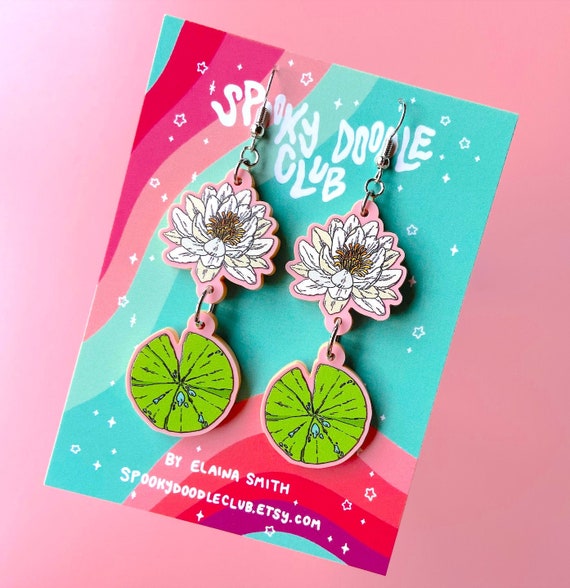 LILY PAD EARRINGS - Water Lily Earrings, White Lotus Jewelry, Pretty Floral Dangle Earrings, Whimsical Frog Lover Gift (Multi-charm)