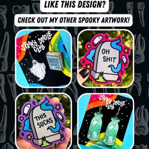 May include: Four different spooky themed enamel pins. The first pin is a ghost with a book that says "Ghostly Torture & Tales". The second pin is a tombstone with the words "Oh Shit" on it. The third pin is a tombstone with the words "This Sucks" on it. The fourth pin is a bottle with two ghosts inside.