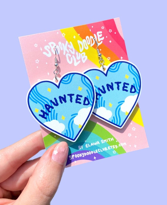 HAUNTED HEART EARRINGS - Cloudy Heart Shaped Earrings, Spooky Recycled Acrylic Charm Dangle Earrings, Celestial Halloween Style (2 inch)