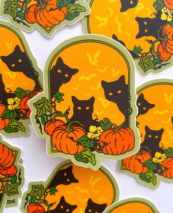 PUMPKIN PATCH CAT Sticker - Vinyl Halloween Pumpkin Sticker, Simple Waterproof Autumn Animals Decal, Vintage Inspired Beistle Black Cat