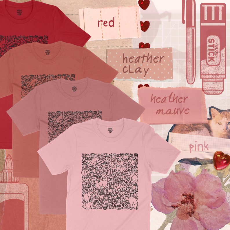 K&ouml;nnte beinhalten: Vier T-Shirts in verschiedenen Rosat&ouml;nen, Rot und Heather Clay. Die Shirts zeigen ein Schwarz-Wei&szlig;-Doodle-Design mit Halloween-Motiven, darunter K&uuml;rbisse, Geister, Flederm&auml;use und die Worte "Boo!" und "Haunted".