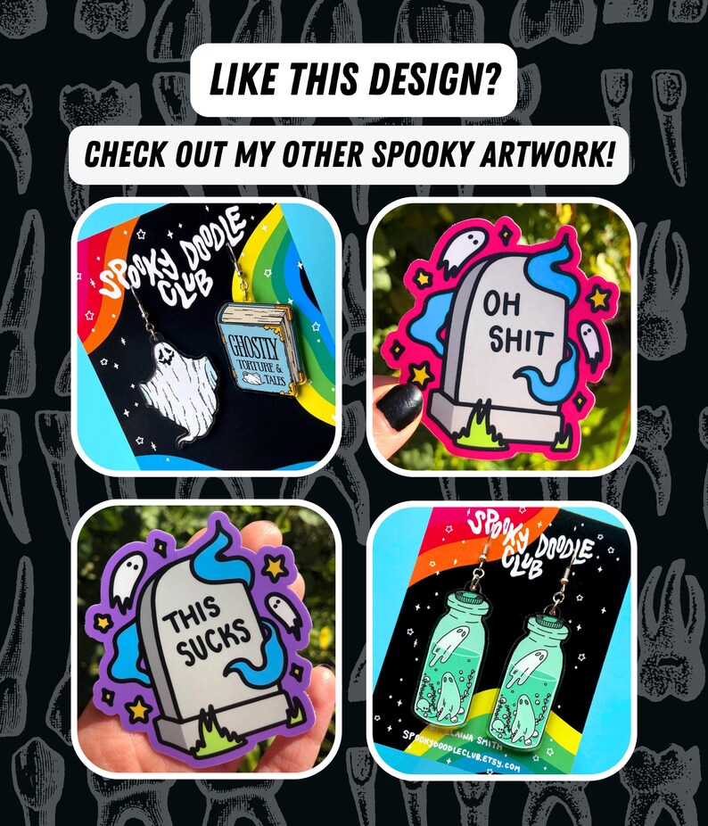 May include: Four different spooky themed enamel pins. The pins are all in the shape of a tombstone with different sayings on them. The sayings are "Oh Shit", "This Sucks", "Ghostly Torture & Tales", and "Spooky Doodle Club".
