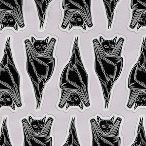 May include: A repeating pattern of black and white illustrations of bats hanging upside down. Each bat has a small bat clinging to its chest.