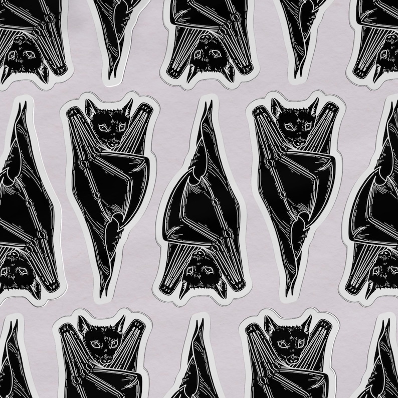 May include: A repeating pattern of black and white illustrations of bats hanging upside down. Each bat has a small bat clinging to its chest.