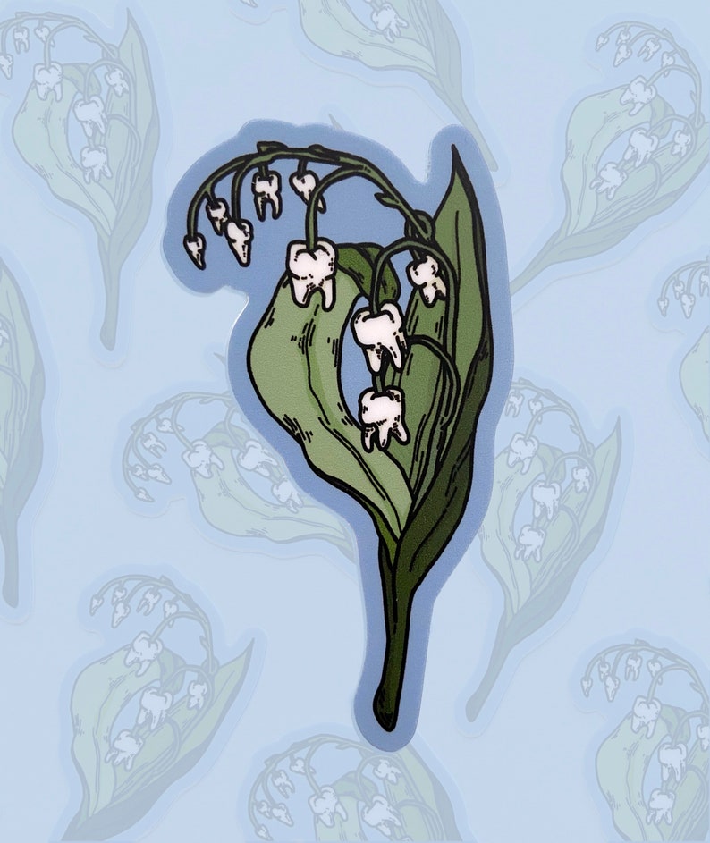 LILY TEETH STICKER Macabre Lily of the Valley Art Sticker, Vinyl Waterproof Floral Teeth Design, Creepy Tooth Plant Stationery image 5