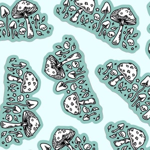 MUSHY STICKER - Pilz-Schädel-Aufkleber, gruseliger Vinyl-Aufkleber, wasserdichter niedlicher Horror-Aufkleber für Wasserflasche, Teal Skull Doodle Art