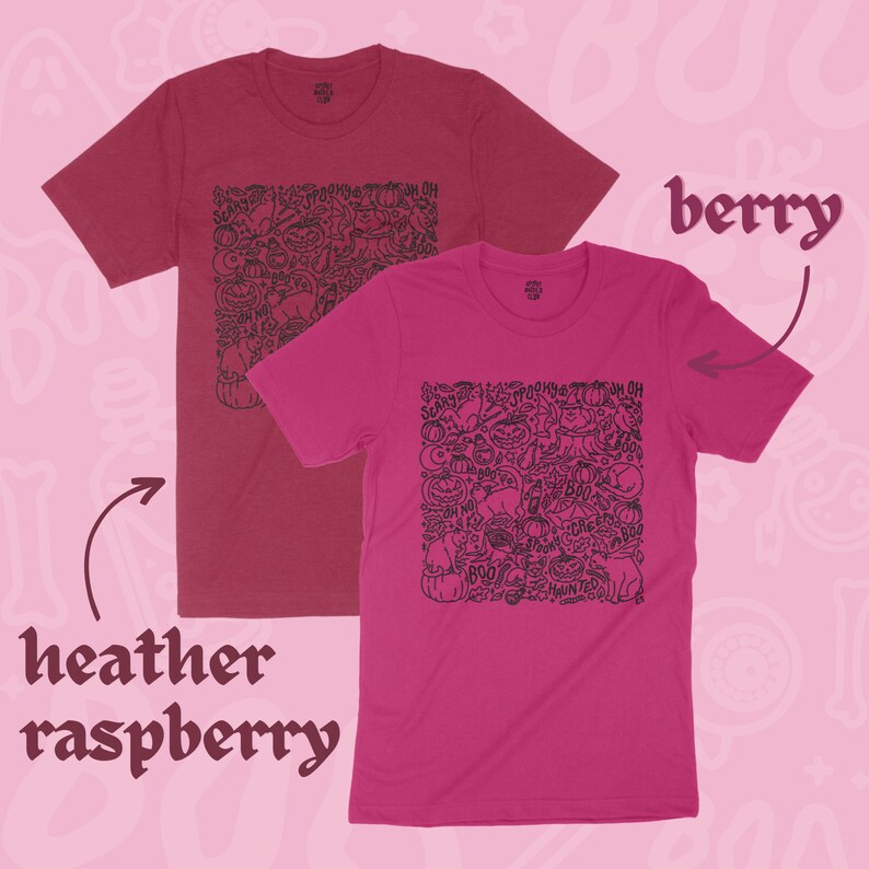K&ouml;nnte beinhalten: Zwei T-Shirts mit einem Halloween-Motiv. Das T-Shirt links ist in der Farbe Heidelbeer-Melange und das T-Shirt rechts in der Farbe Beere.