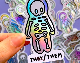 Holographic THEY/THEM Sticker - Skeleton Pronouns Sticker, Spooky Holographic Pronouns Sticker, Unique They Them Sticker, Waterproof Vinyl
