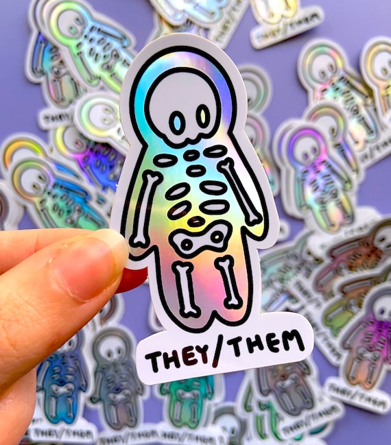 Holographic THEY/THEM Sticker - Skeleton Pronouns Sticker, Spooky Holographic Pronouns Sticker, Unique They Them Sticker, Waterproof Vinyl