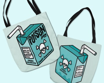 POISON JUICE BOX Tote Bag - Creepy Cute Halloween Juice Box, Skull and Crossbones Horror Style Design, Deadly Poison Halloween Bag