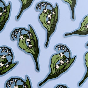 May include: A set of nine stickers featuring a whimsical illustration of a bouquet of lily of the valley flowers with teeth instead of bells. The flowers are green and white, and the background is light blue.